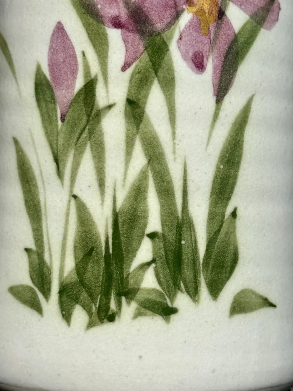 vintage white Ceramic vase hand-painted pink iris floral design 7” x 3.5” EUC